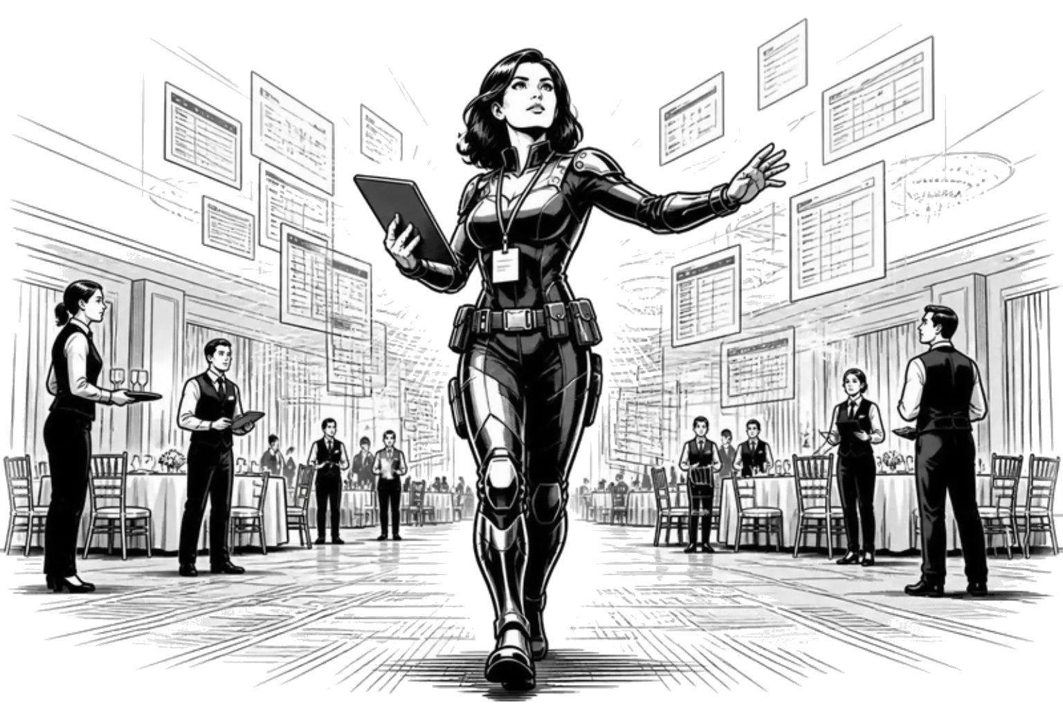 A planner striding through a ballroom as the event plans snap into an ordered grid around her.